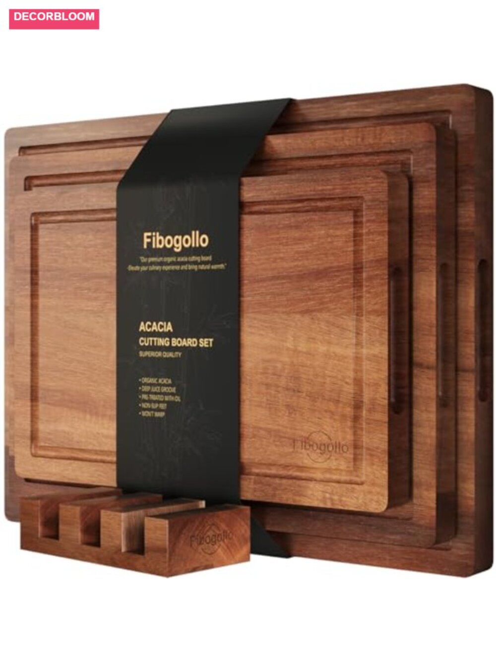 Acacia Wood Cutting Board Set 3 Piece with Stand Juice Groove Handles